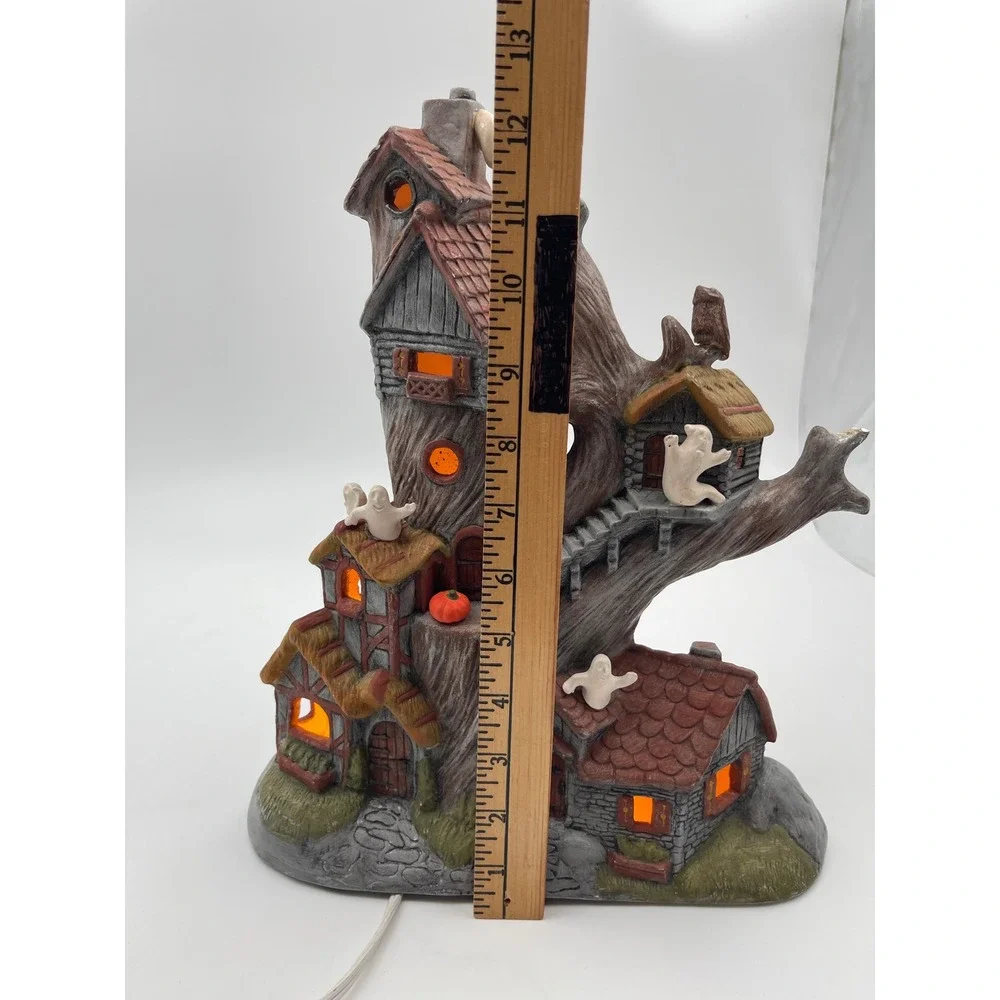Vintage Halloween Haunted Tree House Ceramic Lighted Village Ghost Pumpkin Owl